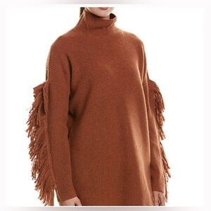 BCBG MAXAZRIA merino wool fringe sleeve sweater dress, brown (XXS)